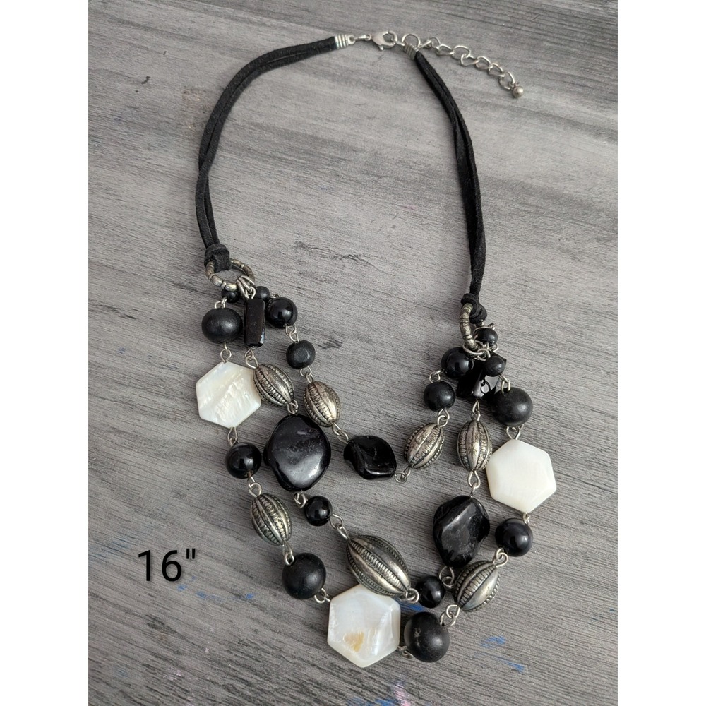 Black White Multi Strand Statement Necklace Silver Tone Beaded Mother of Pearl